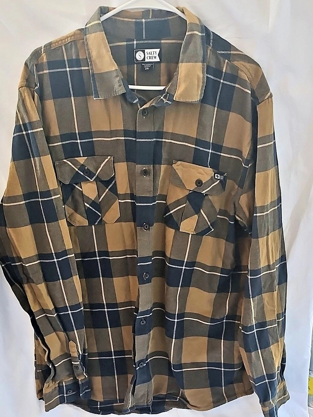 Salty Crew Flannel Plaid Shirt Brown & Blue XXL